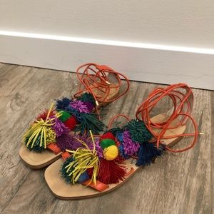 Zara Pom Pom Tie-Up Sandal sz7
